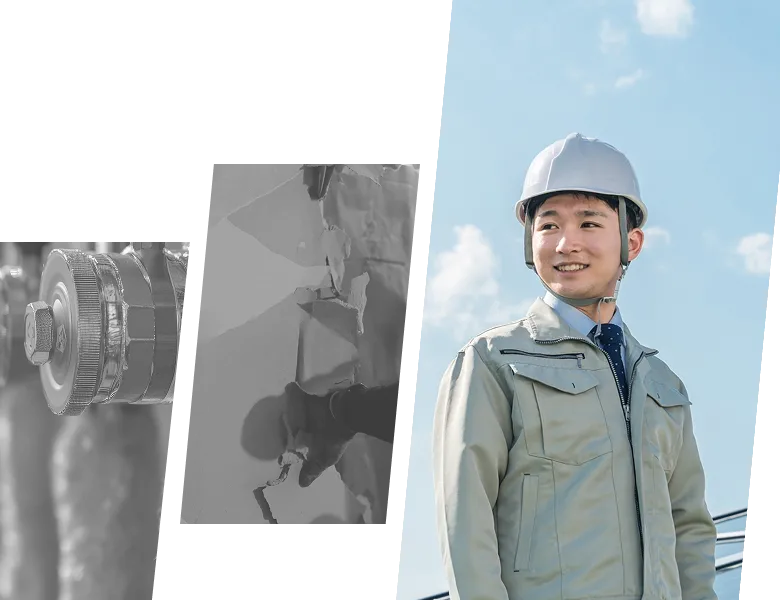 青空を背景に安全確認や点検中の技術者を表現した構成